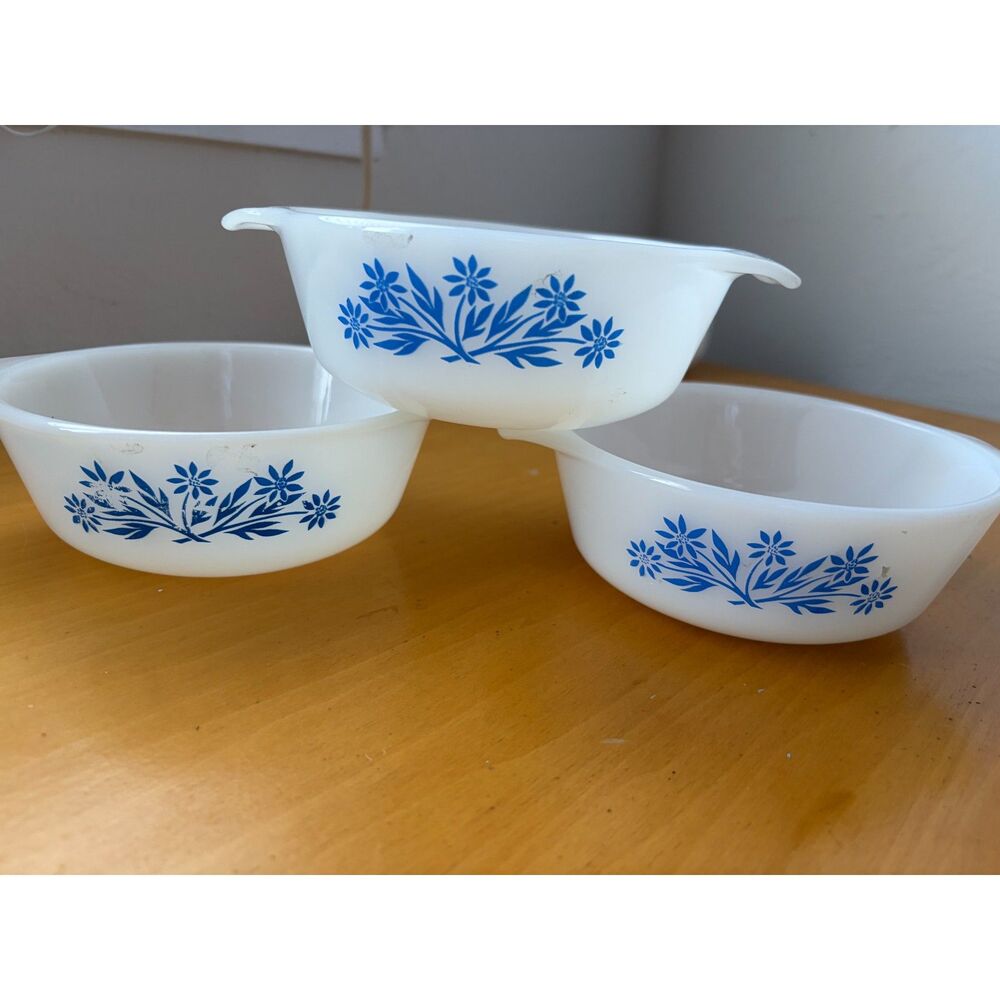 3 Vntg Anchor Hocking Fire King Cornflower Blue 12oz Casserole Retro MCM *AS IS*